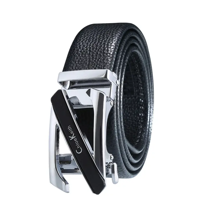 Men's Leather Belt Black Gold Automatic Buckle - Image 2