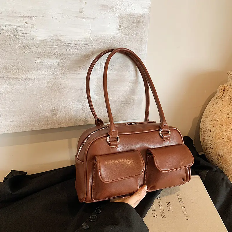Women's Vintage Brown Shoulder Bag with 2 Pockets - Image 6
