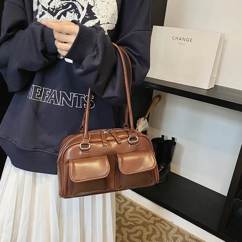 Women's Vintage Brown Shoulder Bag with 2 Pockets - Image 7