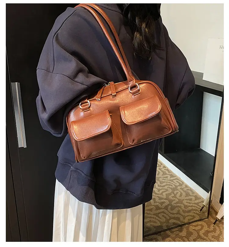 Women's Vintage Brown Shoulder Bag with 2 Pockets — feature 1