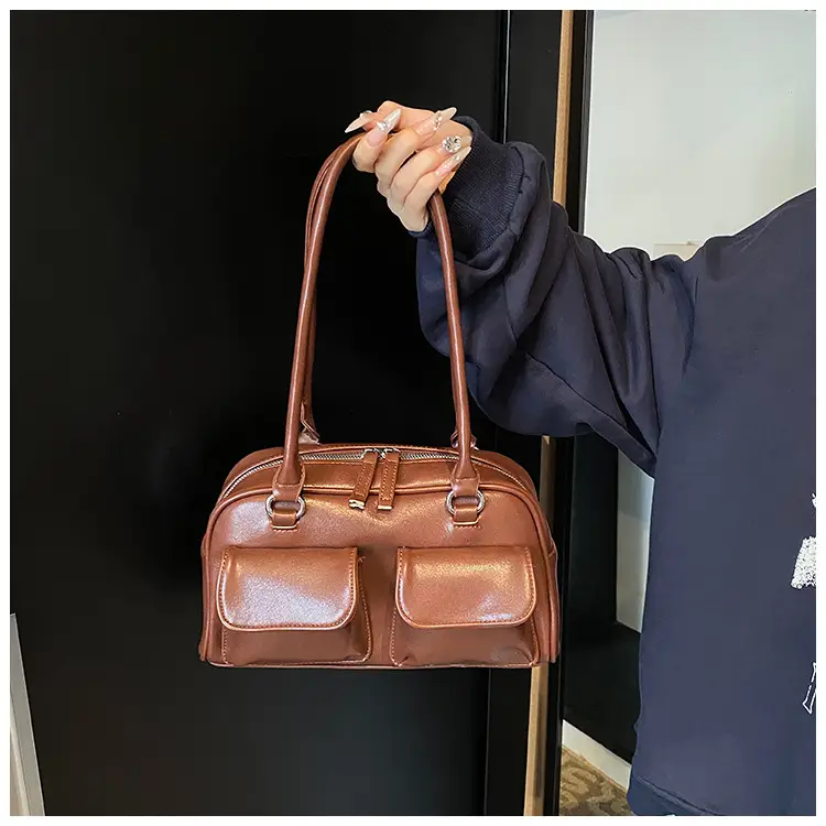 Women's Vintage Brown Shoulder Bag with 2 Pockets — feature 13