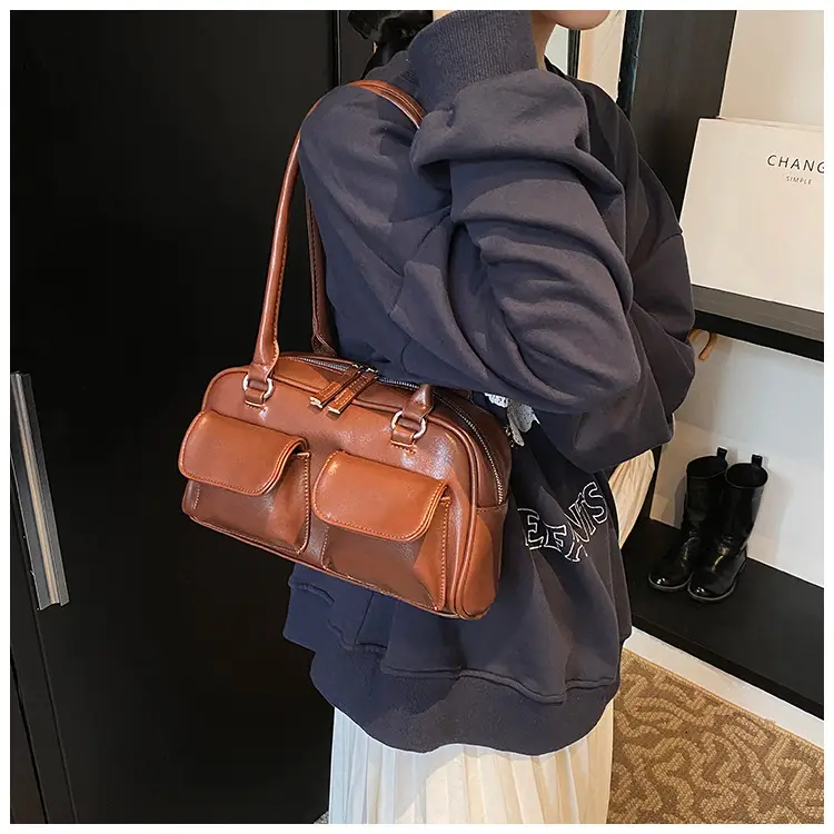 Women's Vintage Brown Shoulder Bag with 2 Pockets — feature 14