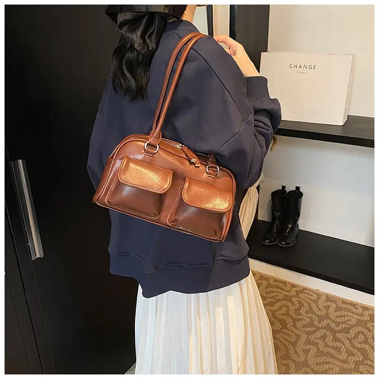 Women's Vintage Brown Shoulder Bag with 2 Pockets — feature 15