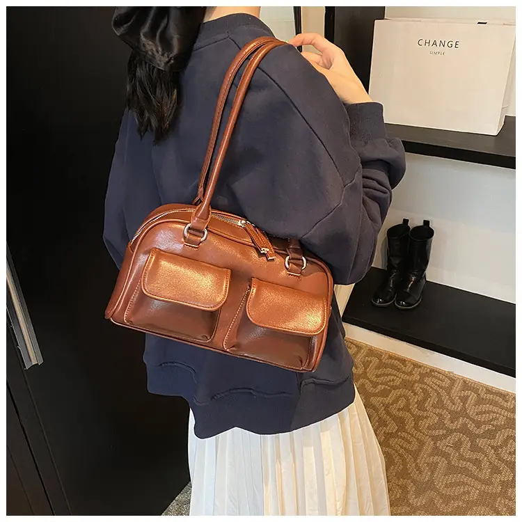 Women's Vintage Brown Shoulder Bag with 2 Pockets — feature 16