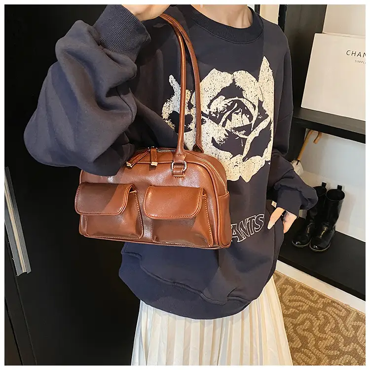 Women's Vintage Brown Shoulder Bag with 2 Pockets — feature 17