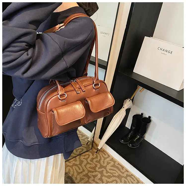 Women's Vintage Brown Shoulder Bag with 2 Pockets — feature 18