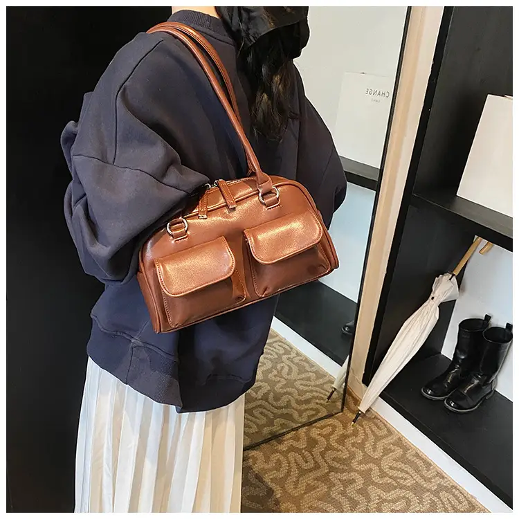 Women's Vintage Brown Shoulder Bag with 2 Pockets — feature 19