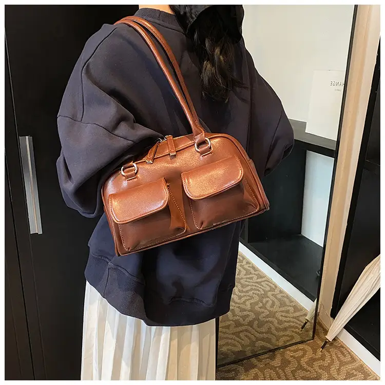 Women's Vintage Brown Shoulder Bag with 2 Pockets — feature 20