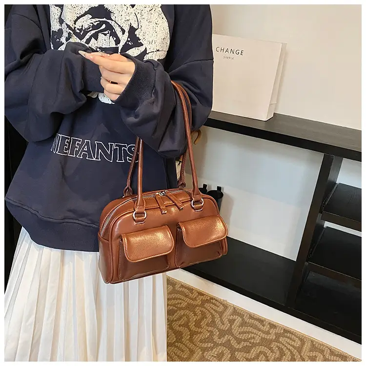 Women's Vintage Brown Shoulder Bag with 2 Pockets — feature 21