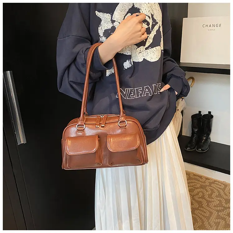 Women's Vintage Brown Shoulder Bag with 2 Pockets — feature 22