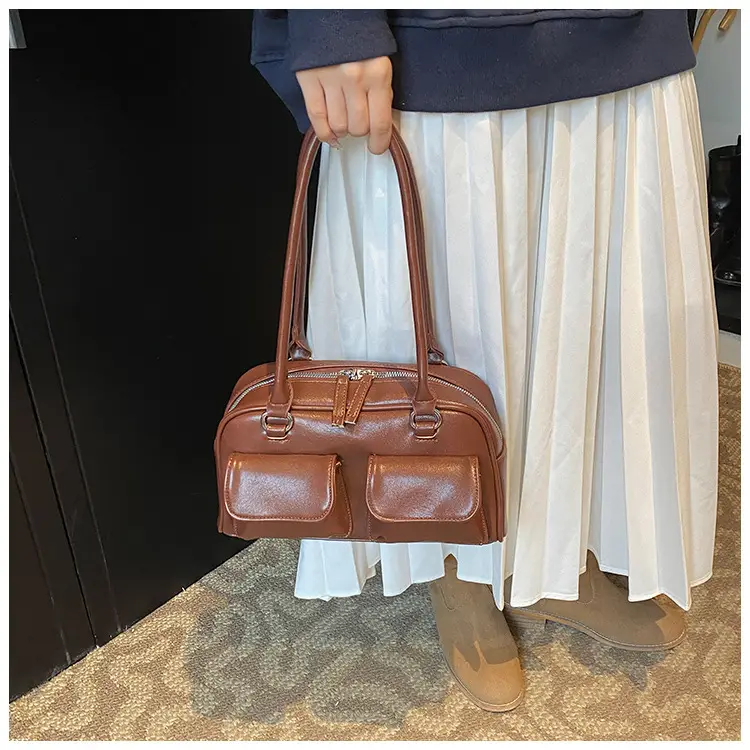 Women's Vintage Brown Shoulder Bag with 2 Pockets — feature 23