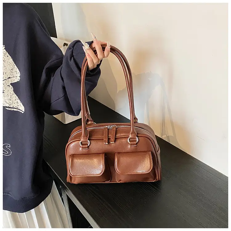 Women's Vintage Brown Shoulder Bag with 2 Pockets — feature 24