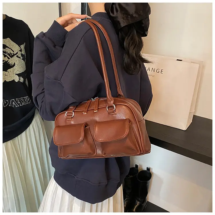 Women's Vintage Brown Shoulder Bag with 2 Pockets — feature 25