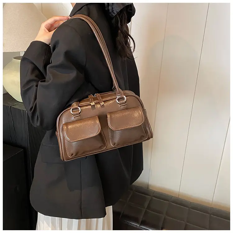 Women's Vintage Brown Shoulder Bag with 2 Pockets — feature 29