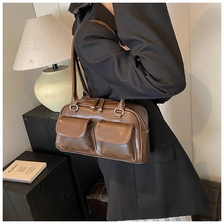 Women's Vintage Brown Shoulder Bag with 2 Pockets — feature 30