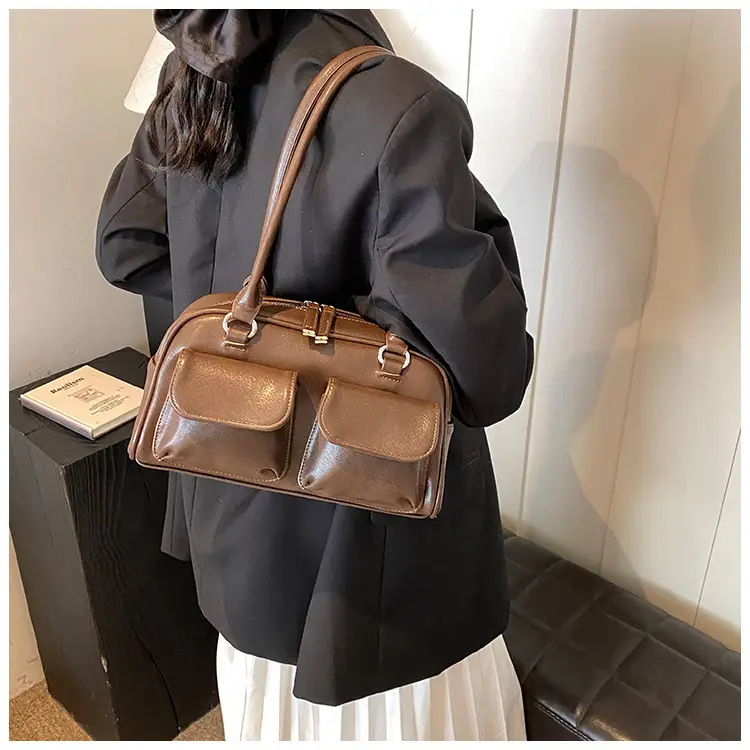 Women's Vintage Brown Shoulder Bag with 2 Pockets — feature 31