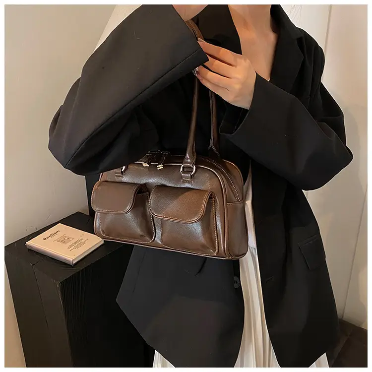 Women's Vintage Brown Shoulder Bag with 2 Pockets — feature 32