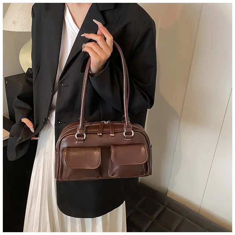 Women's Vintage Brown Shoulder Bag with 2 Pockets — feature 33