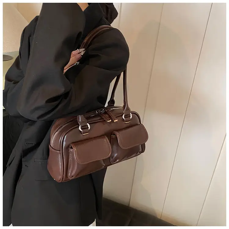Women's Vintage Brown Shoulder Bag with 2 Pockets — feature 35