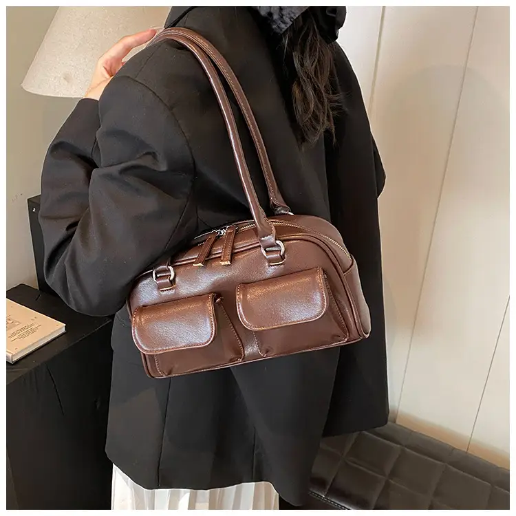 Women's Vintage Brown Shoulder Bag with 2 Pockets — feature 36