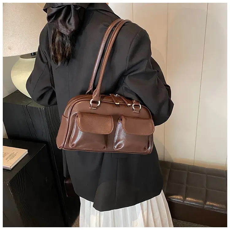 Women's Vintage Brown Shoulder Bag with 2 Pockets — feature 37