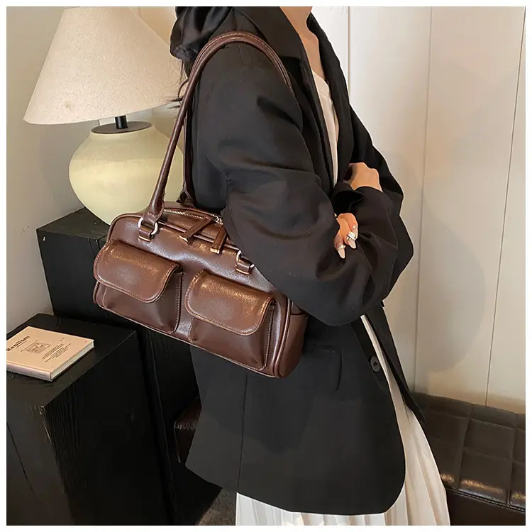 Women's Vintage Brown Shoulder Bag with 2 Pockets — feature 38