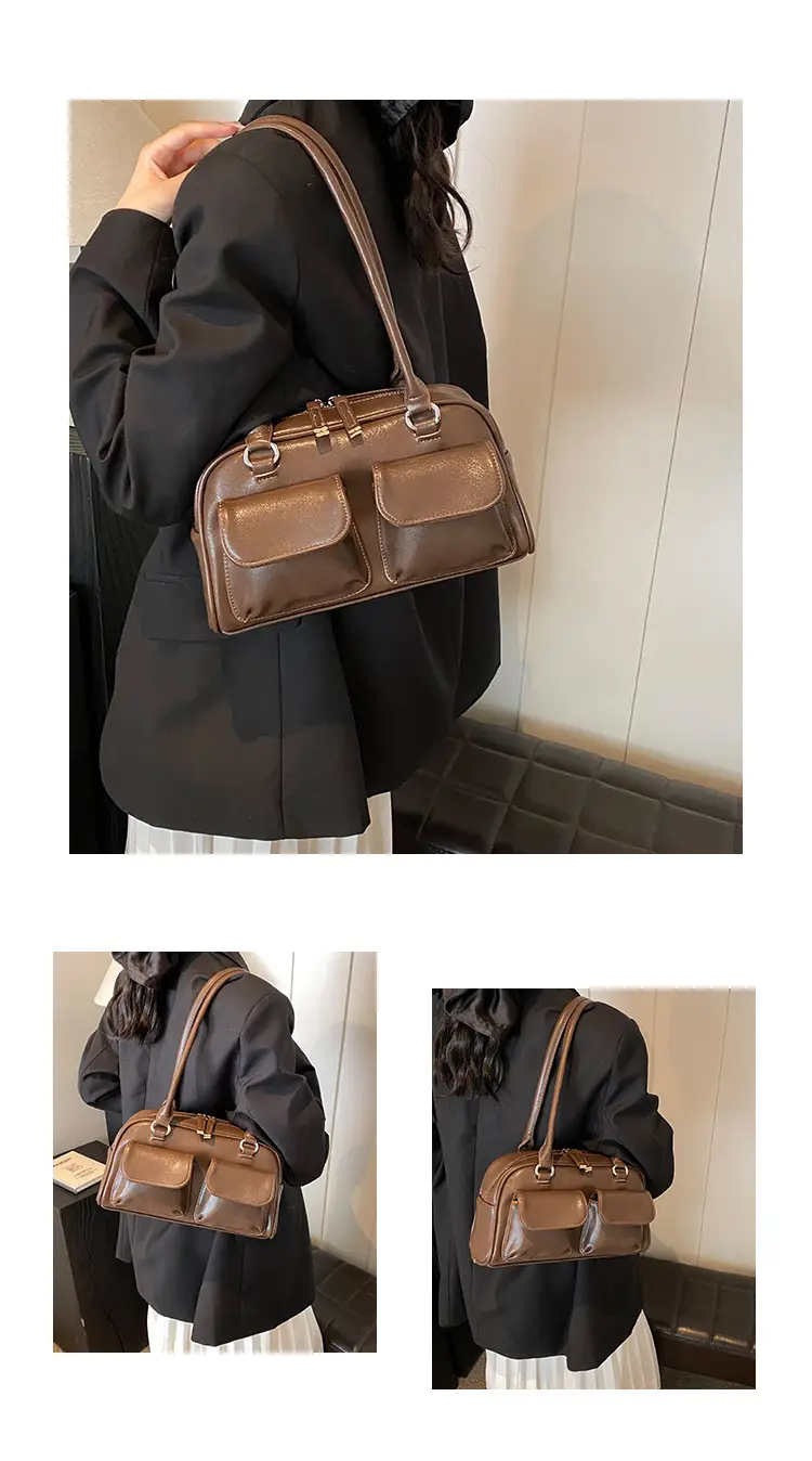 Women's Vintage Brown Shoulder Bag with 2 Pockets — feature 5