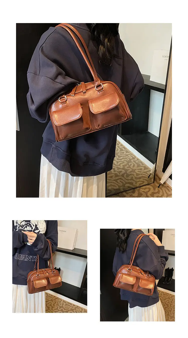 Women's Vintage Brown Shoulder Bag with 2 Pockets — feature 7