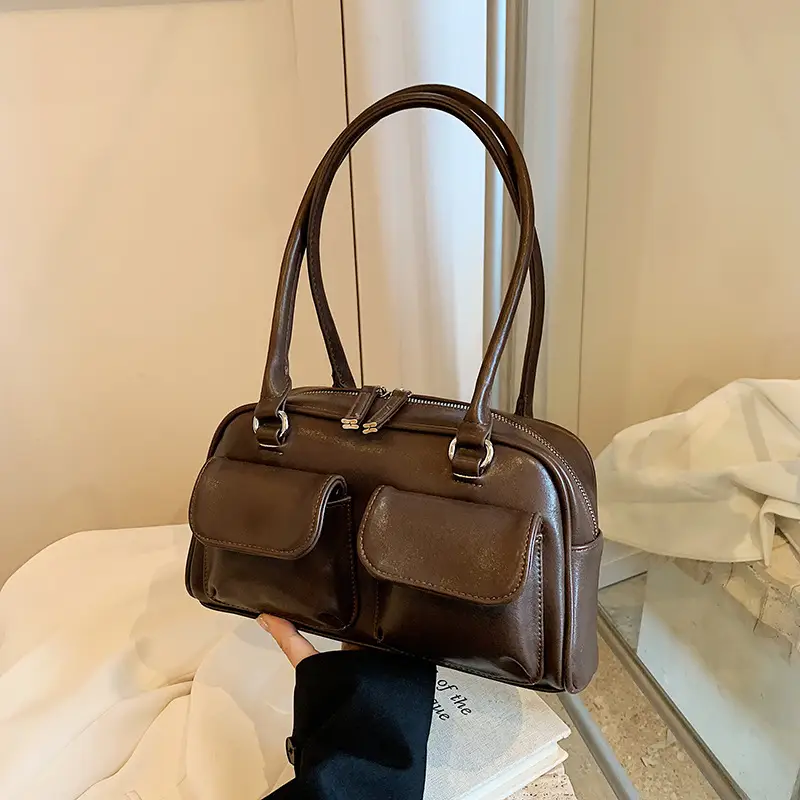 Women's Vintage Brown Shoulder Bag with 2 Pockets - Image 2