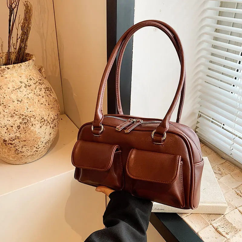 Women's Vintage Brown Shoulder Bag with 2 Pockets - Image 3