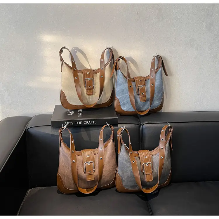 Women Crossbody Bag Blue Velvet Brown Leather Spring Summer 2026 — feature 1