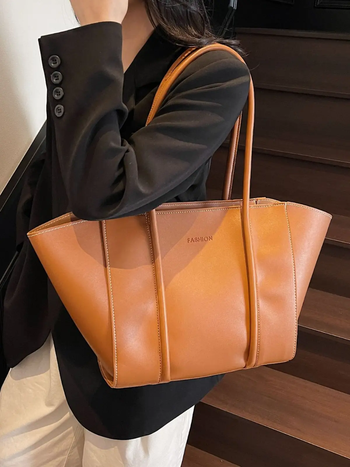 Foldable Women's Bag Vintage Underarm Tote Cream - Image 6