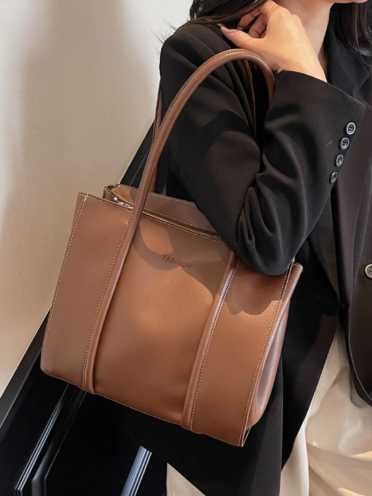 Women's Brown Leather Large Tote Bag with Top Handle - Image 3