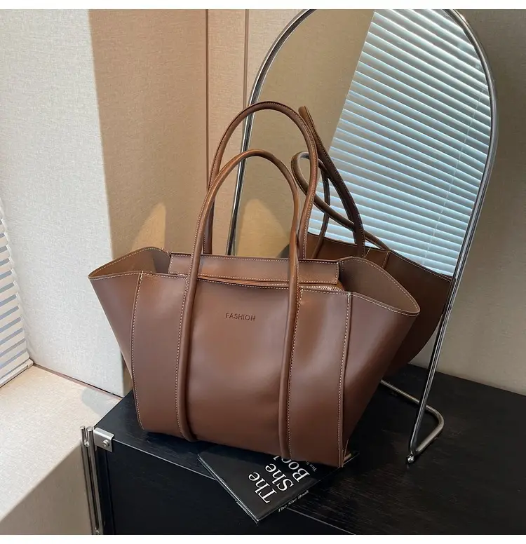 Women's Brown Leather Large Tote Bag with Top Handle β feature 32