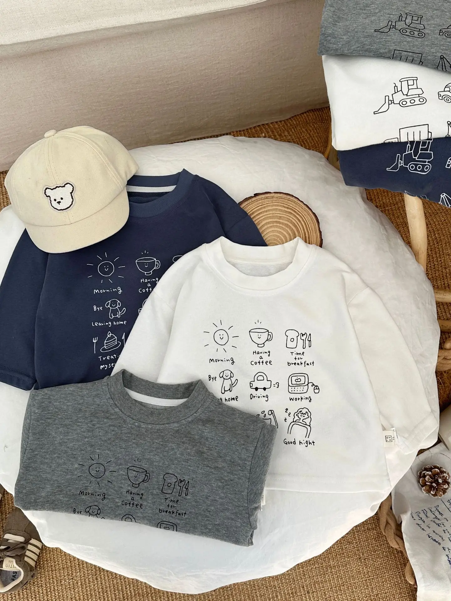 Ins Kids Cartoon Long Sleeve T-Shirt White Blue Grey