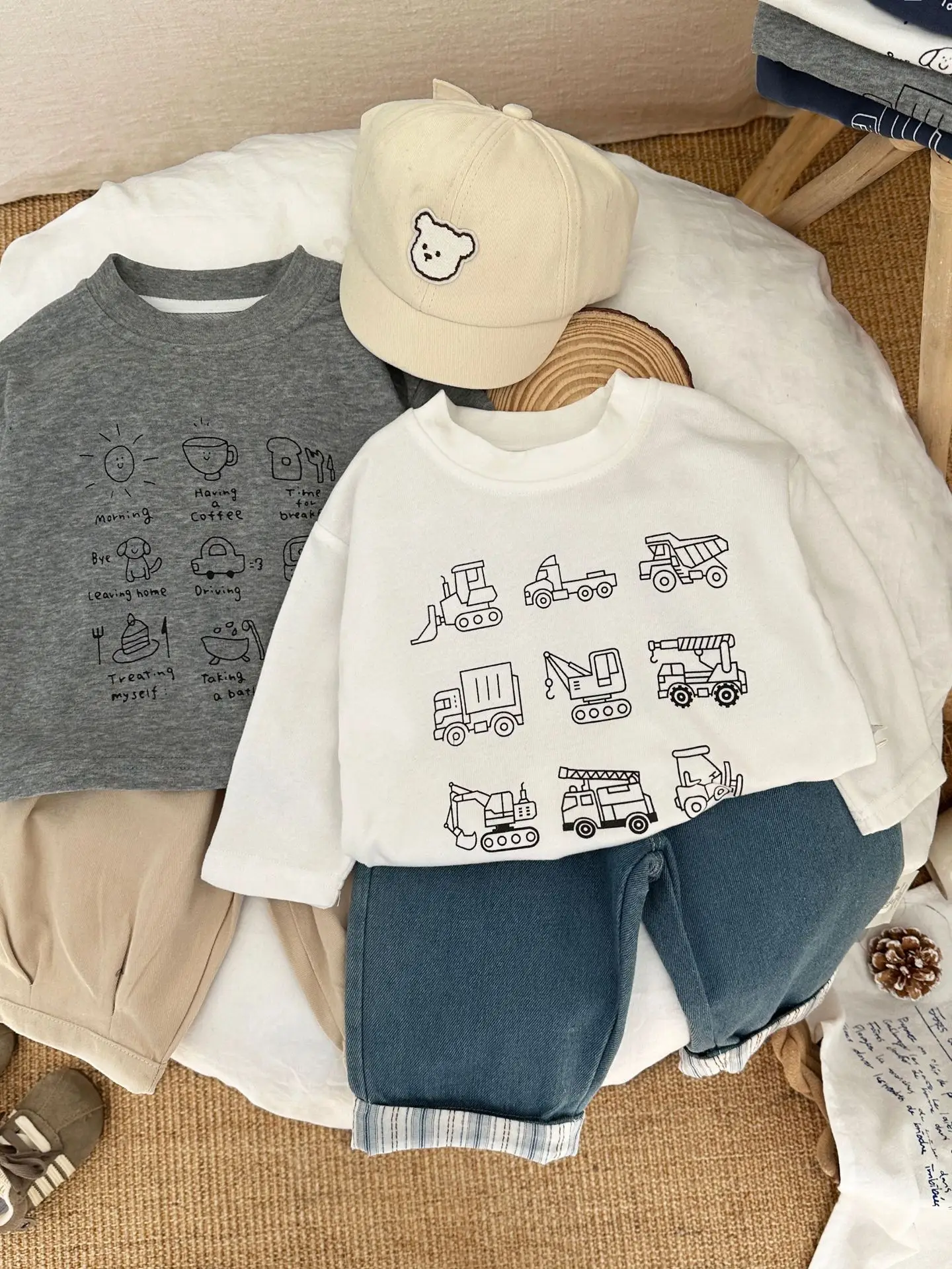Ins Kids Cartoon Long Sleeve T-Shirt White Blue Grey