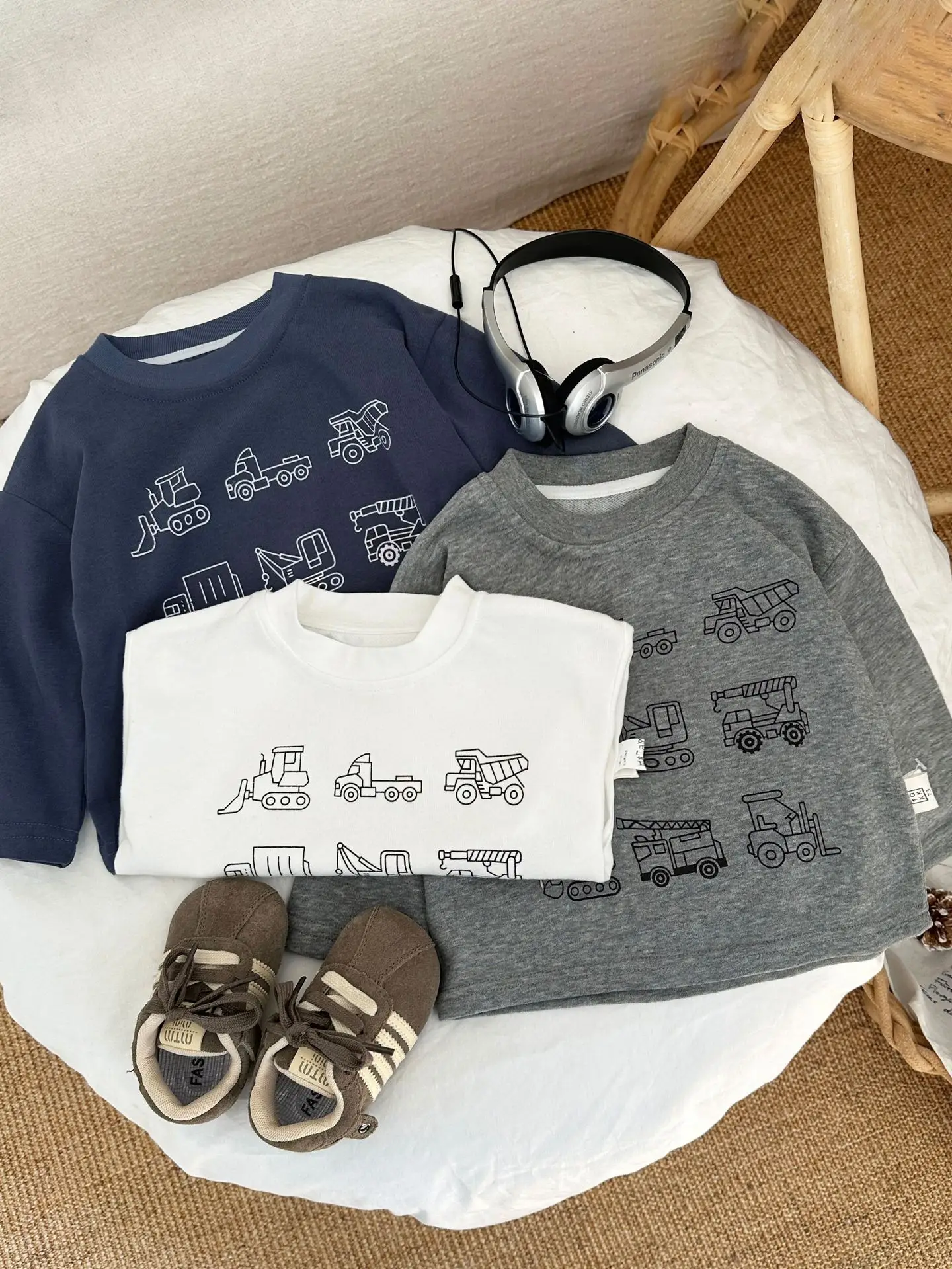 Ins Kids Cartoon Long Sleeve T-Shirt White Blue Grey