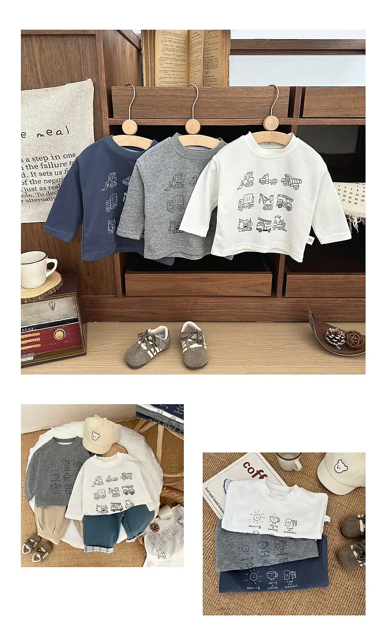 Ins Kids Cartoon Long Sleeve T-Shirt White Blue Grey — feature 9