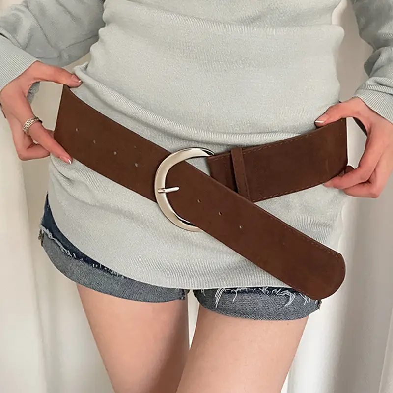 Vintage Brown Suede Wide Belt with Gold Buckle