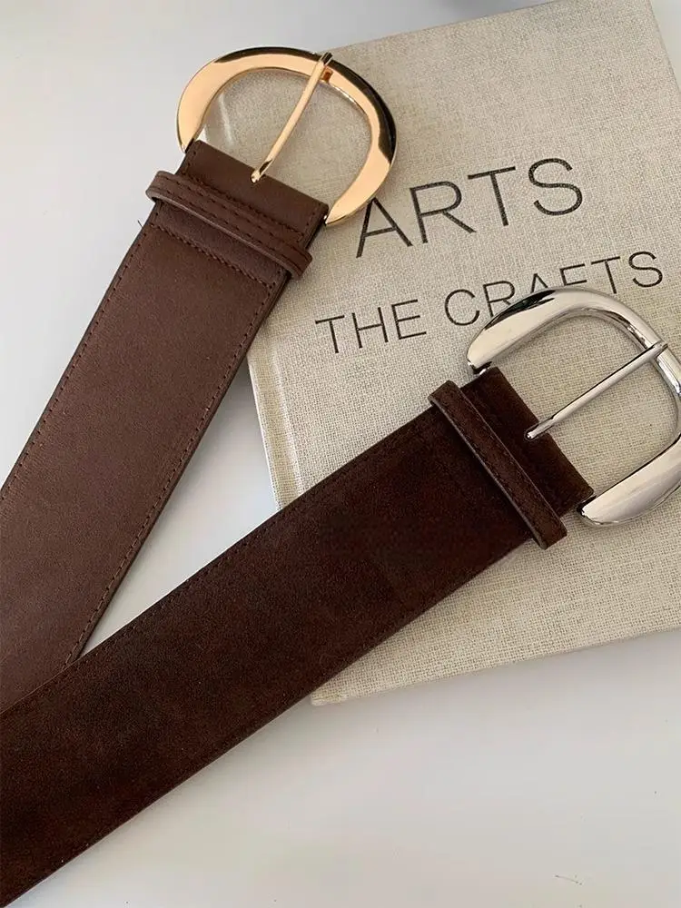 Vintage Brown Suede Wide Belt with Gold Buckle — feature 1