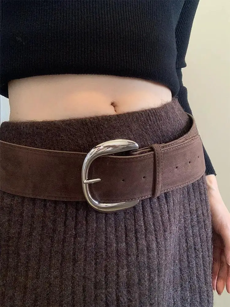 Vintage Brown Suede Wide Belt with Gold Buckle — feature 2