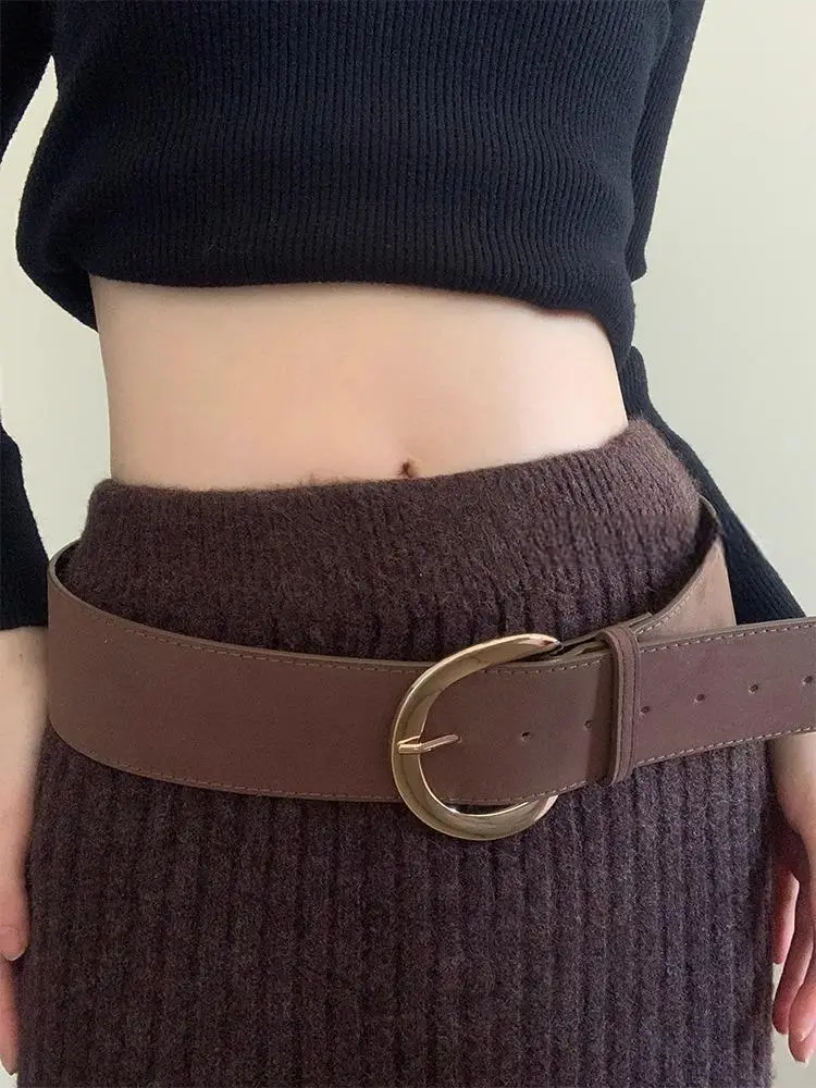 Vintage Brown Suede Wide Belt with Gold Buckle — feature 3