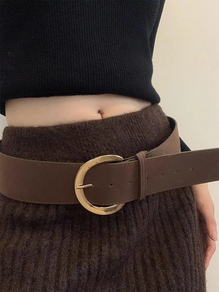 Vintage Brown Suede Wide Belt with Gold Buckle — feature 4