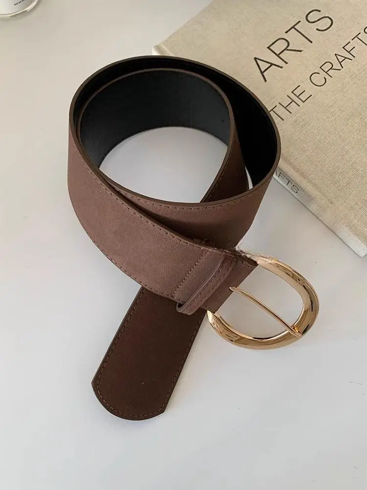 Vintage Brown Suede Wide Belt with Gold Buckle — feature 5
