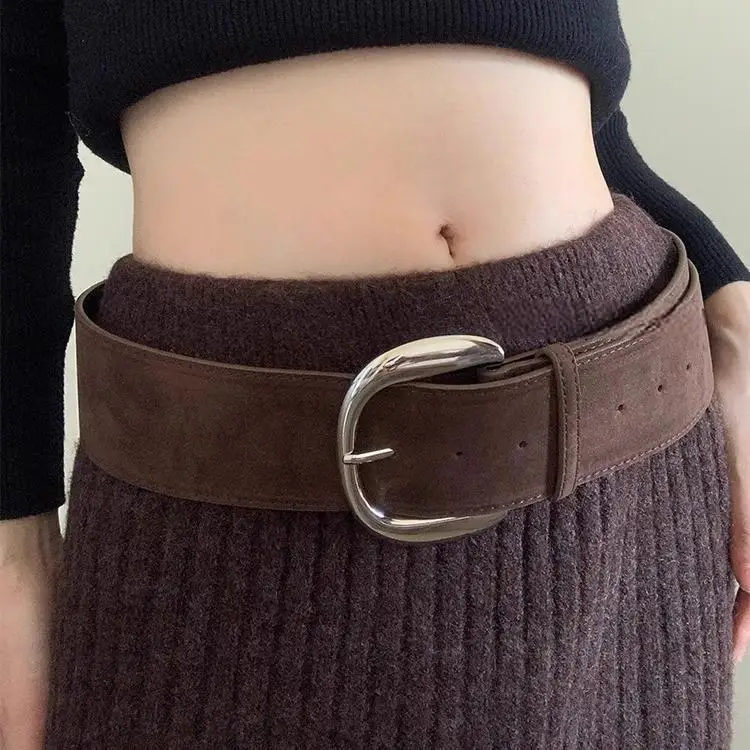 Vintage Brown Suede Wide Belt with Gold Buckle — feature 6