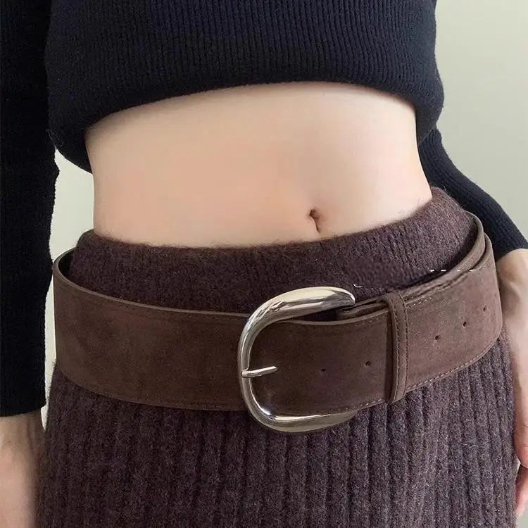 Vintage Brown Suede Wide Belt with Gold Buckle — feature 8
