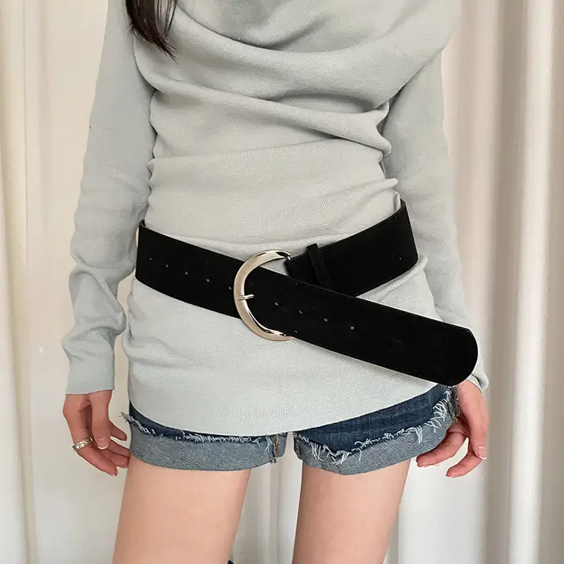 Vintage Brown Suede Wide Belt with Gold Buckle