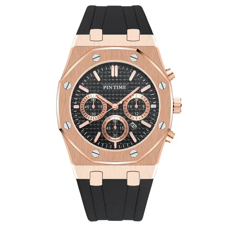 Men's Rose Gold Chronograph Watch with Black Strap - Image 2