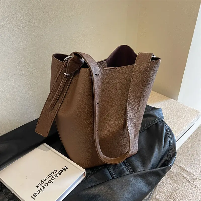 Women's Large Capacity Brown Leather Bucket Bag with Logo