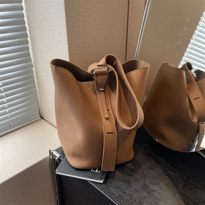 Women's Large Capacity Brown Leather Bucket Bag with Logo